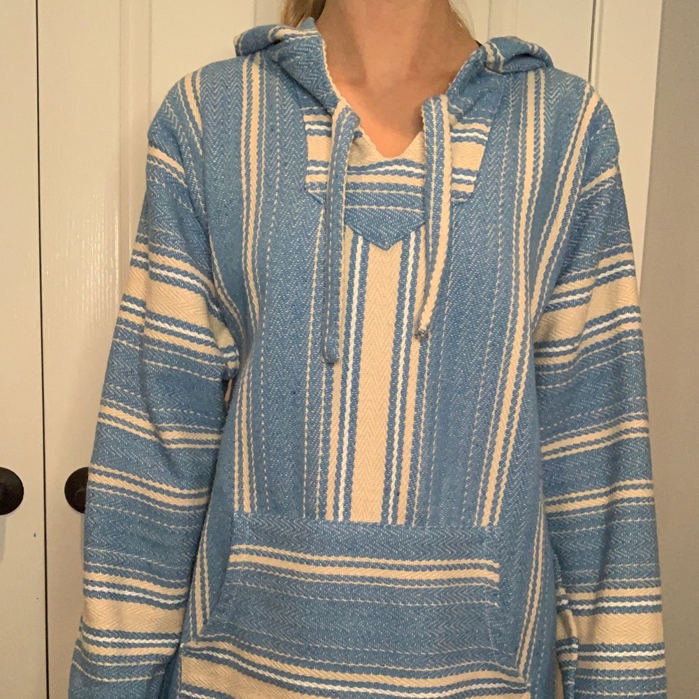 Oversized blue, cream, and white sweatshirt